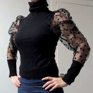 Black Turtleneck with Sheer Polka Dot Sleeves